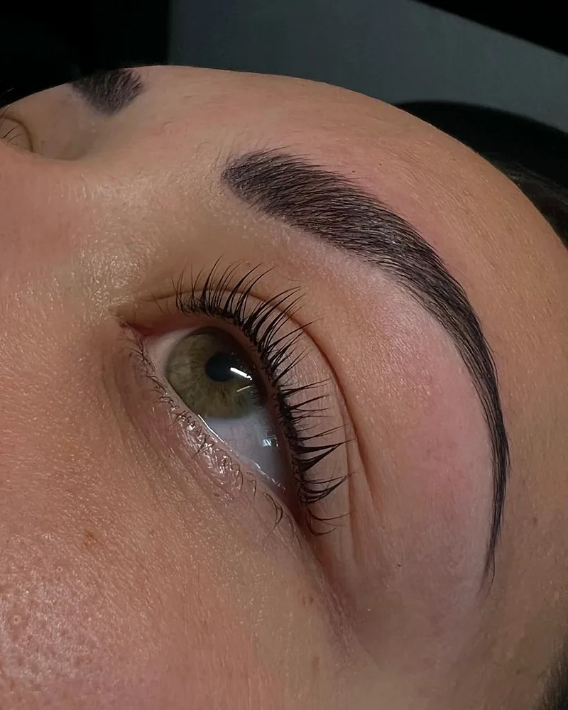 Gefärbte und geformte Brauen mit Wimpern im Detail